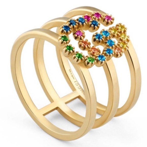 *FIRM*EUC Auth Gucci GG Yellow Gold Multi-Colored Crystal Ring Topaz Sz 7.75! - Picture 1 of 9